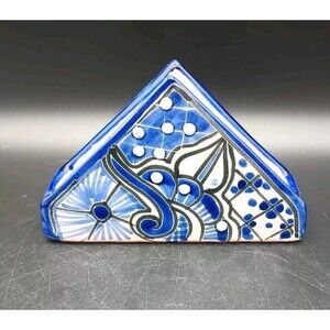 Talavera Pottery Mexican Blue and White Napkin Holder Hand Painted